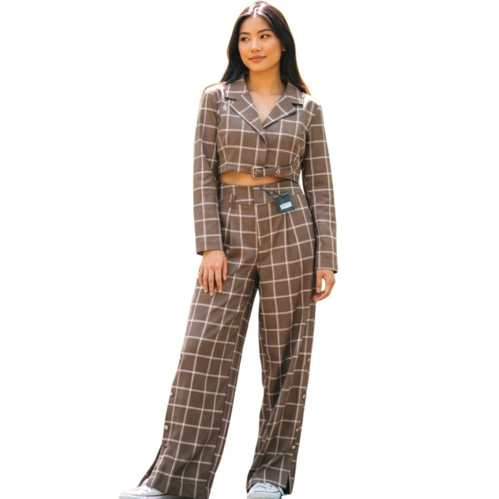 Balboa Jackeline Beige Plaid 2 Piece Set Cropped Blazer Wide Leg Pants Small NEW